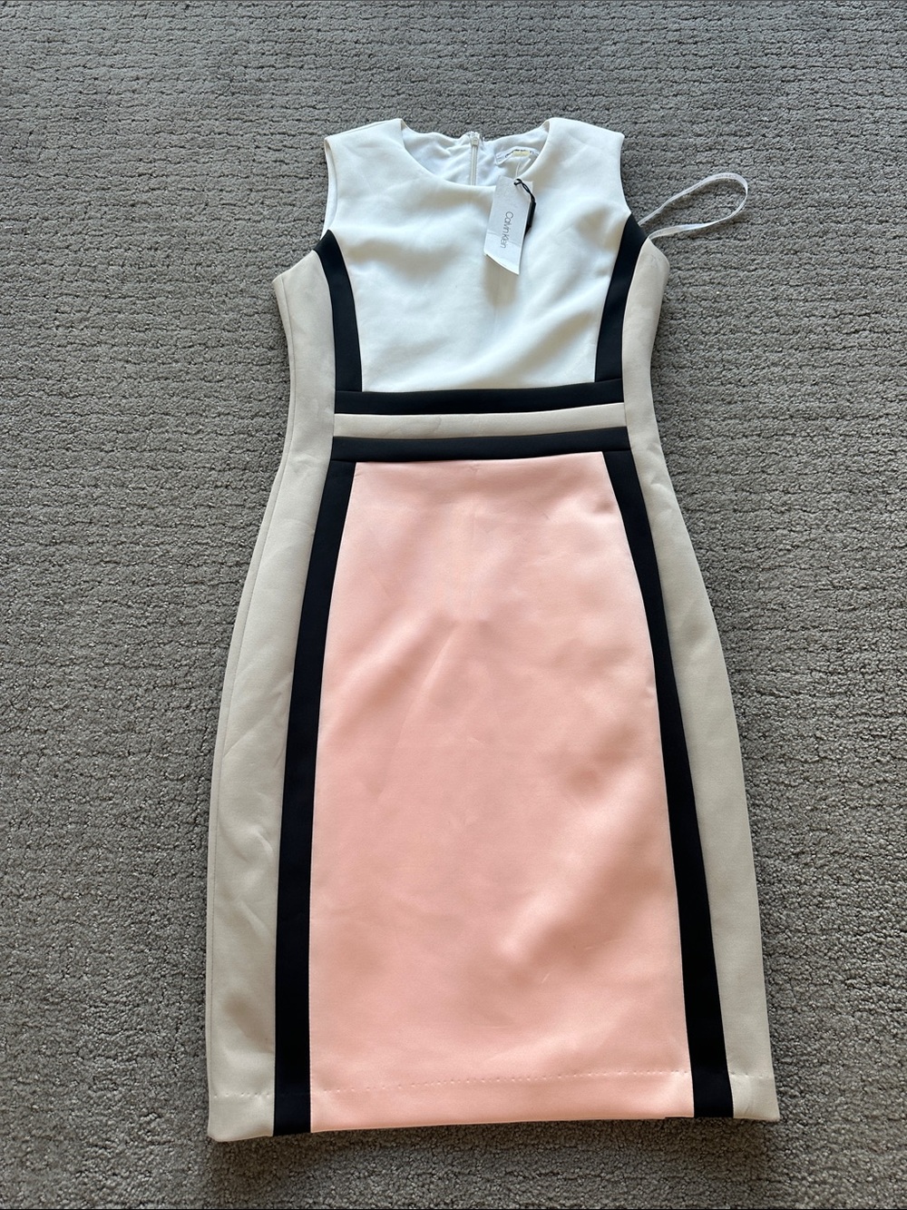 Calvin Klein White, Pink & Beige Colorblock Sheath Dress with Black Trim